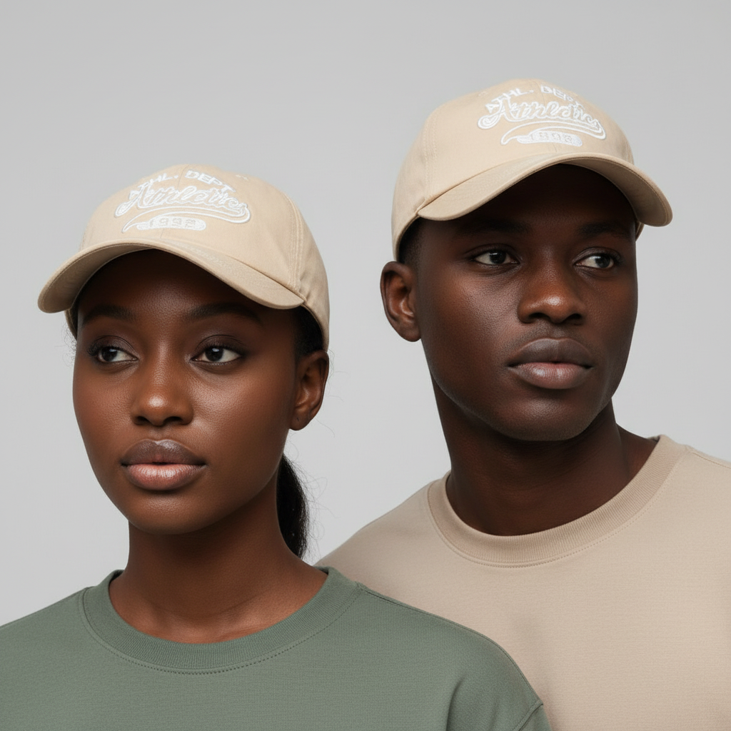 Nigerian female and male models wearing beige athletics script embroidered baseball cap