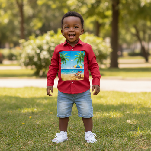 Boys' Red Button-Down Shirt - Front Model View