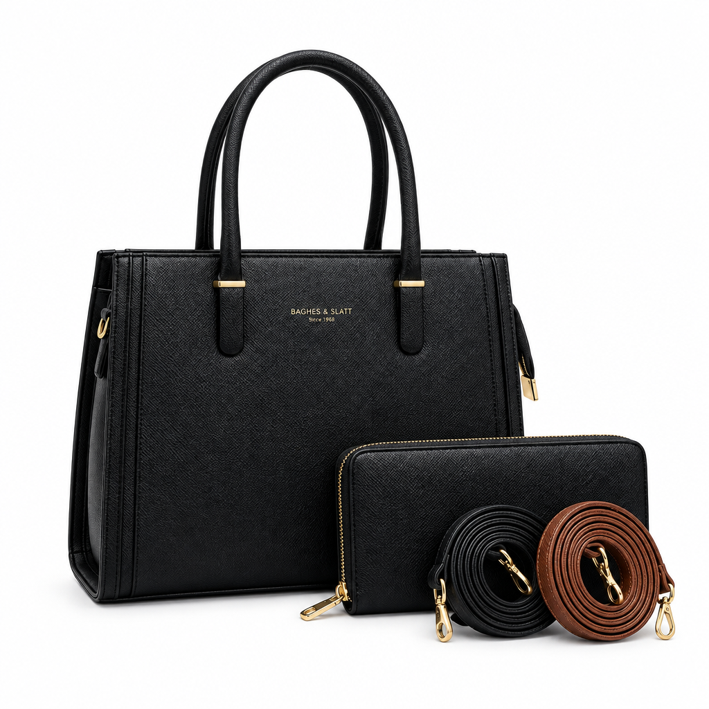 Black textured tote with matching purse and black and brown straps on white