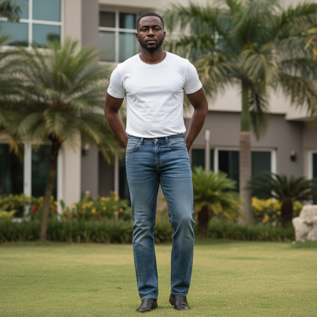 Nigerian male model wearing Men's Medium-Wash Faded Blue Denim Straight-Leg Jeans
