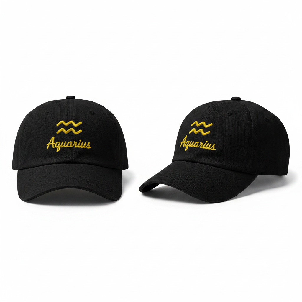 Black Aquarius zodiac embroidered dad cap ghost mannequin front and side view