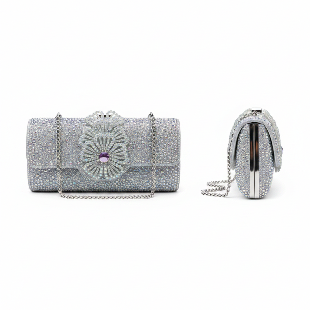 Women's Silver Crystal Floral Clutch Bag – Ghost Mannequin Front and Side View