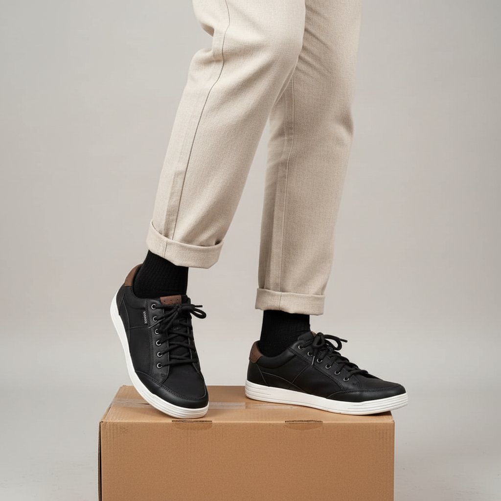 Men's black casual low-top sneakers Nigerian male model leg shot