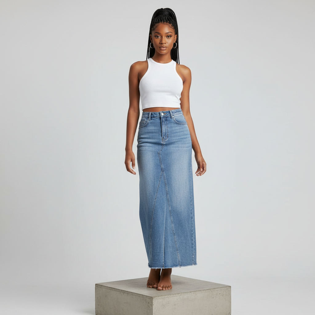 Light Blue Denim Maxi Skirt - Model Shot