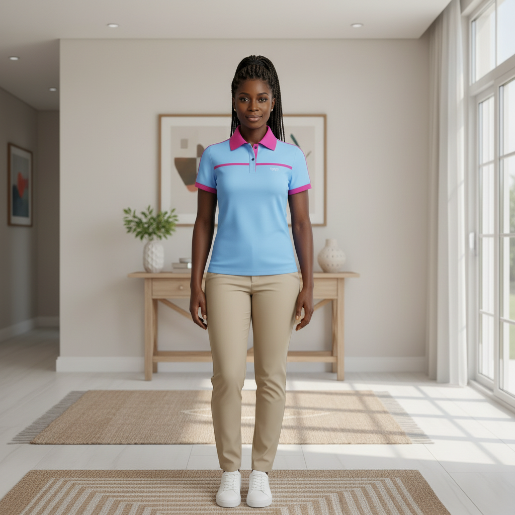 Sky Blue Pink Trim Fitted Polo - Front Model