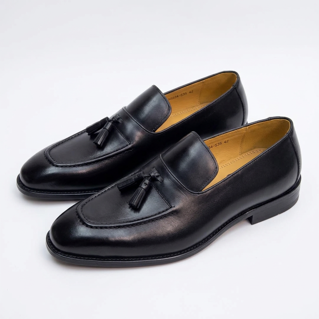 Pair of smooth black twin-tassel loafers on white