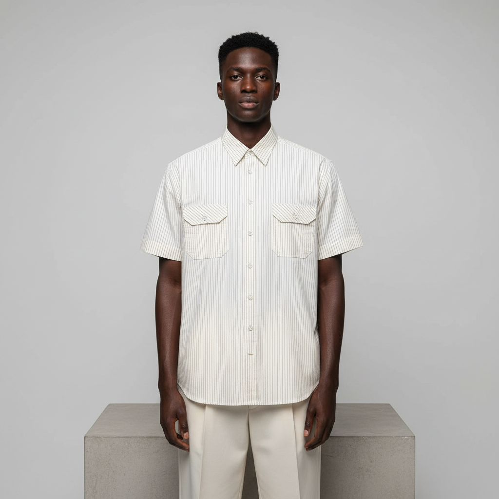 Nigerian male model wearing cream and brown pinstripe short-sleeved shirt