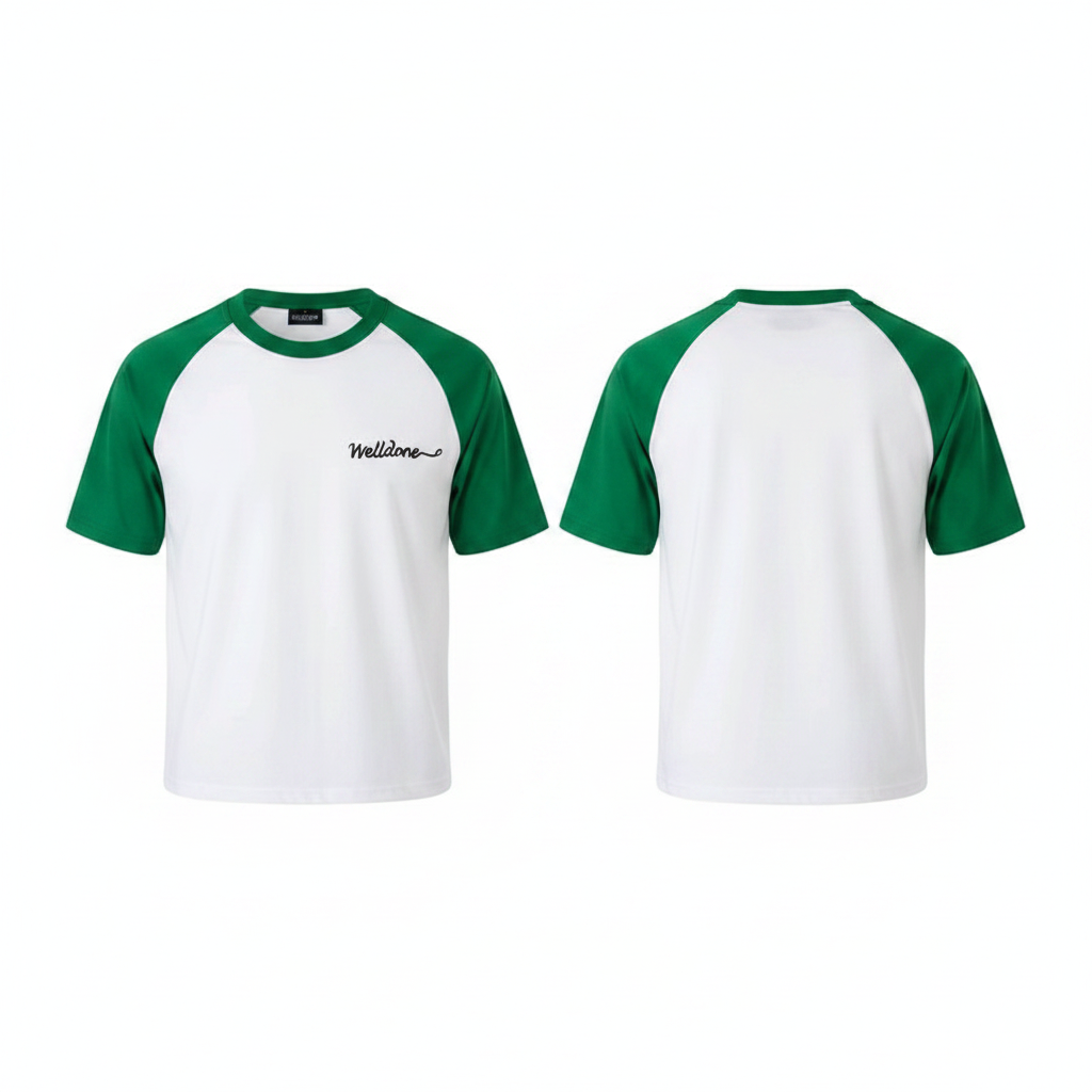 Men's White Green Raglan Short Sleeve T-Shirt - Ghost Mannequin Front View