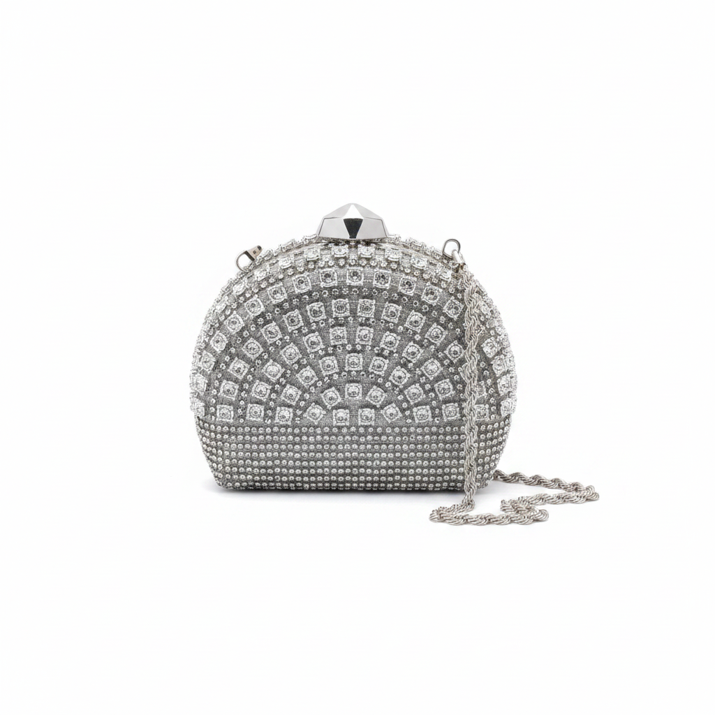 Enemuo Crystal Sunburst Rhinestone Minaudière – ghost mannequin view on white background