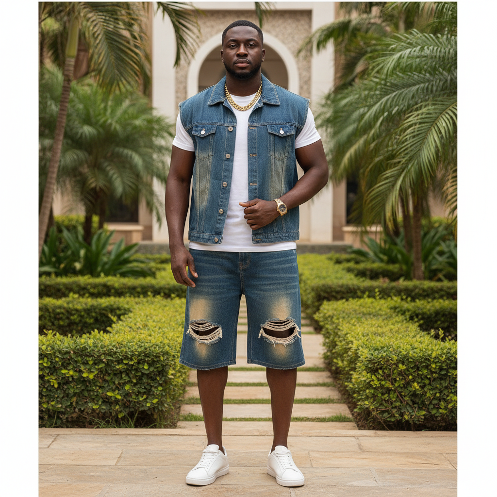 Nigerian male model wearing denim vest and ripped shorts co-ord set outdoors