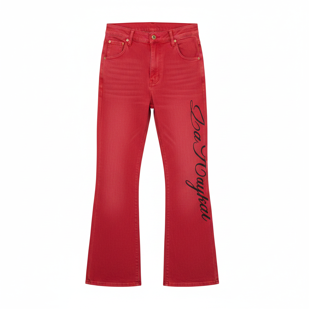 Men's red flared denim jeans with black cursive script print, ghost mannequin front view