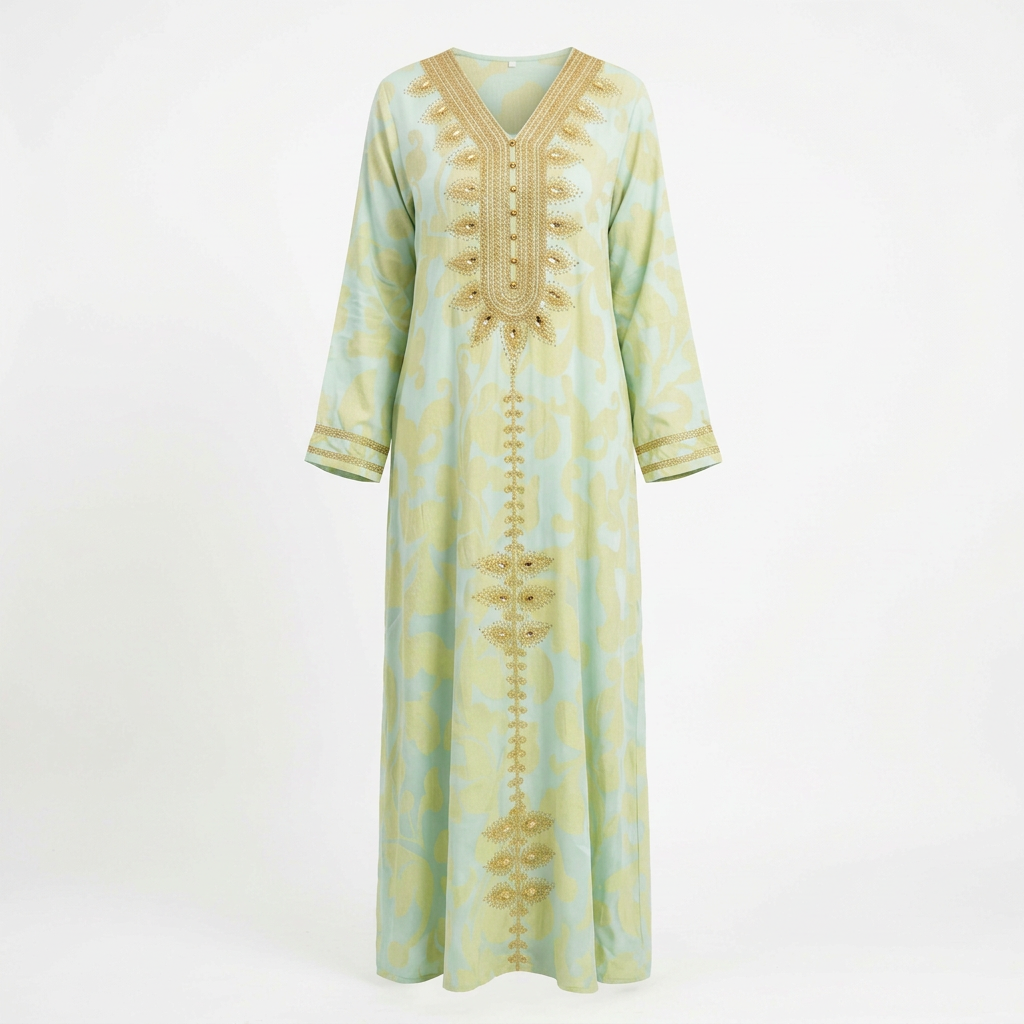 Mint and gold printed abaya ghost image matched to the model's straight silhouette and colour
