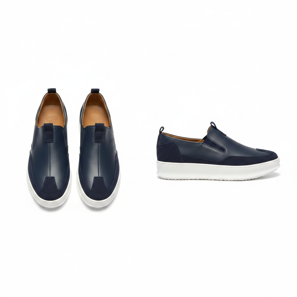 Men's navy blue leather slip-on sneaker ghost mannequin front and side view pair