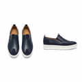 Men's navy blue leather slip-on sneaker ghost mannequin front and side view pair