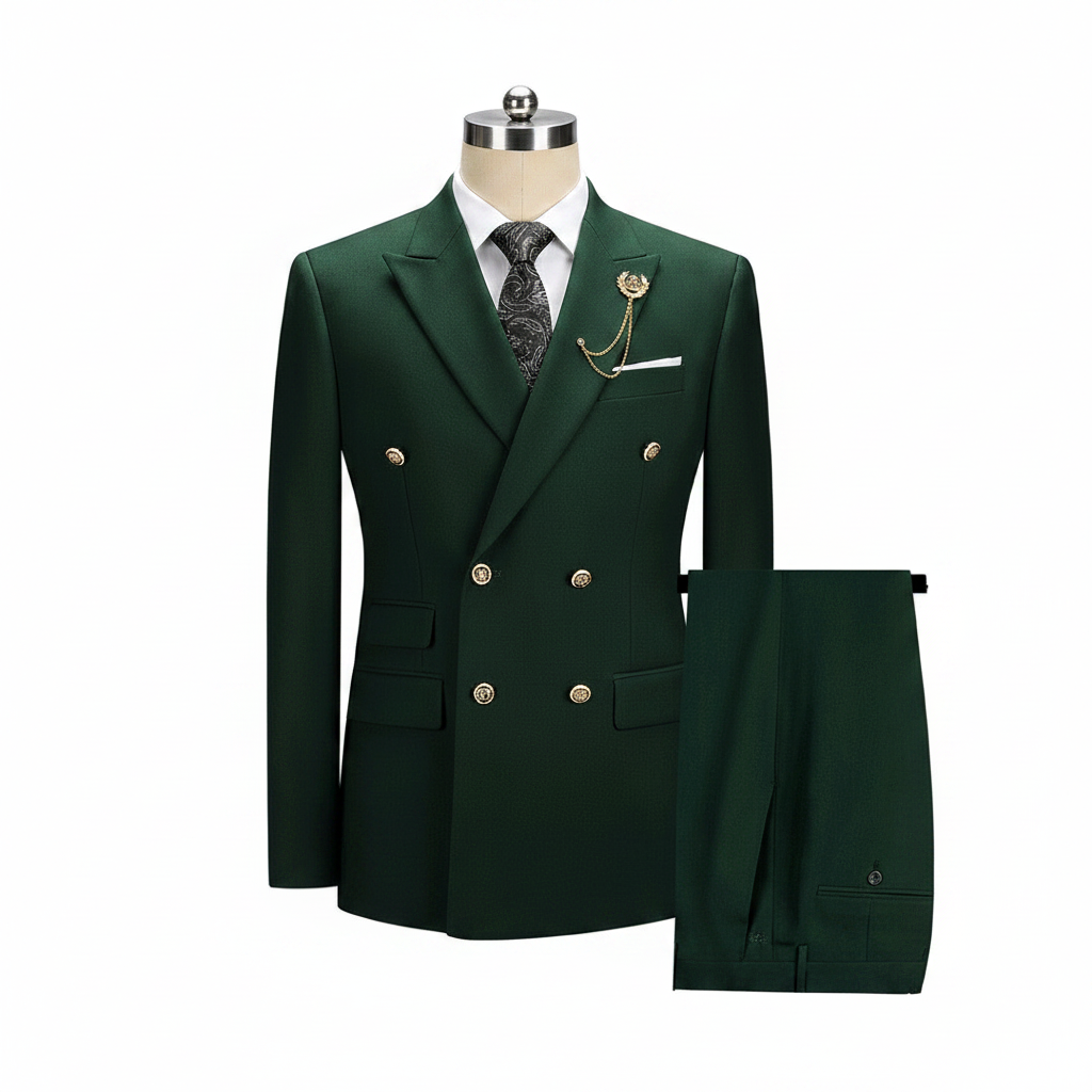 Men's forest green double-breasted suit with gold buttons and black tie on white background