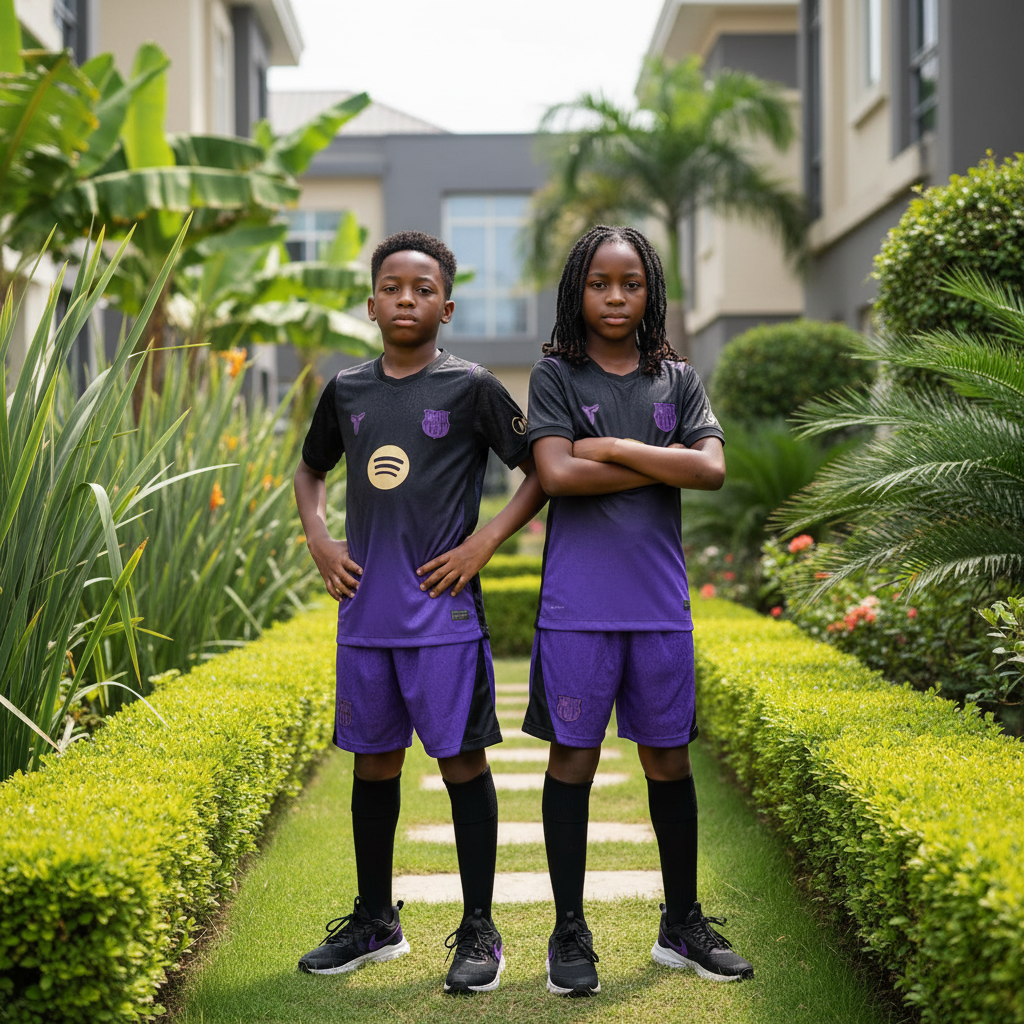 Nigerian boy and girl wearing black and purple gradient kids football jersey set