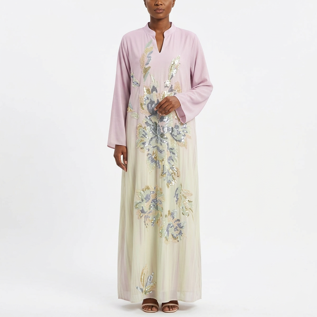 Woman wearing lilac and cream floral shimmer abaya