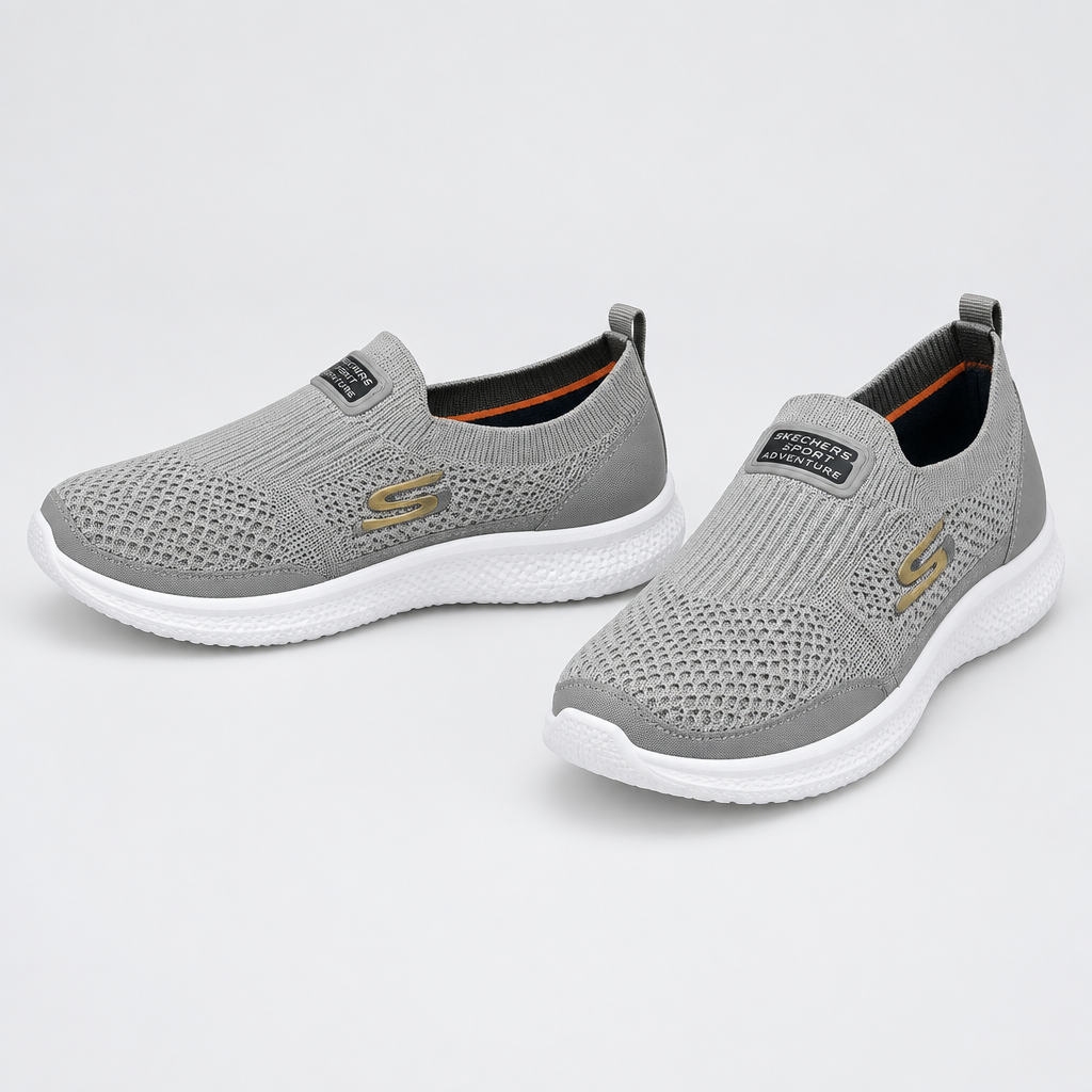 Grey knit slip-on sneakers, pair views
