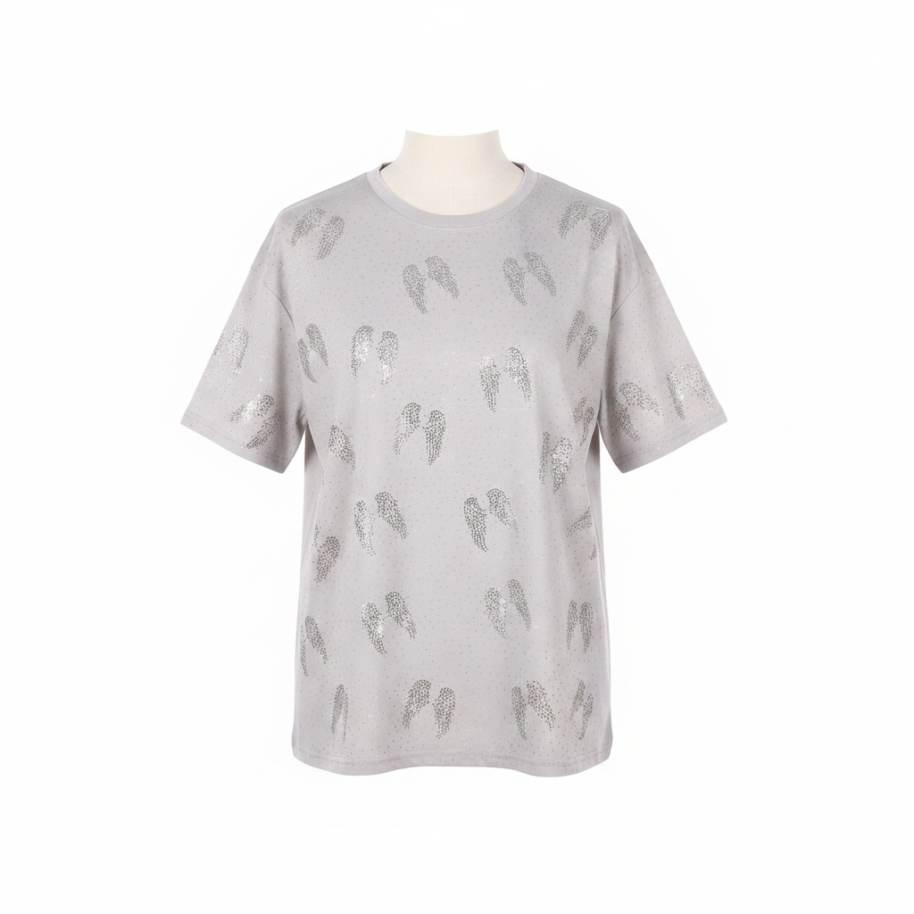 Grey Rhinestone Angel Wings Short-Sleeved Shirt - Ghost Mannequin