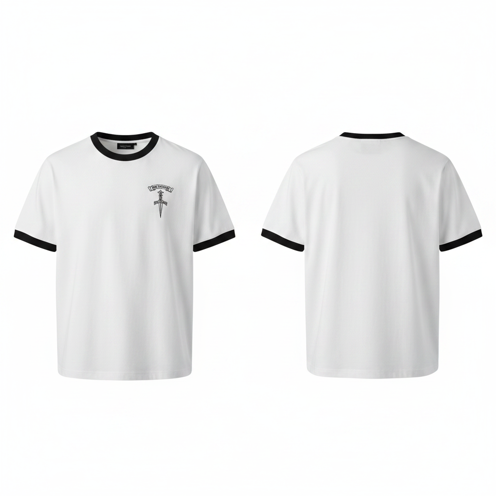 Men's white black contrast ringer dagger embroidered T-shirt ghost mannequin front and back view