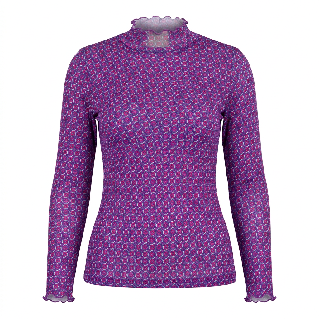 Purple patterned high-neck long-sleeve top on an invisible mannequin