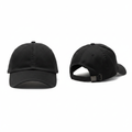 Plain black cotton baseball cap ghost mannequin front and side view