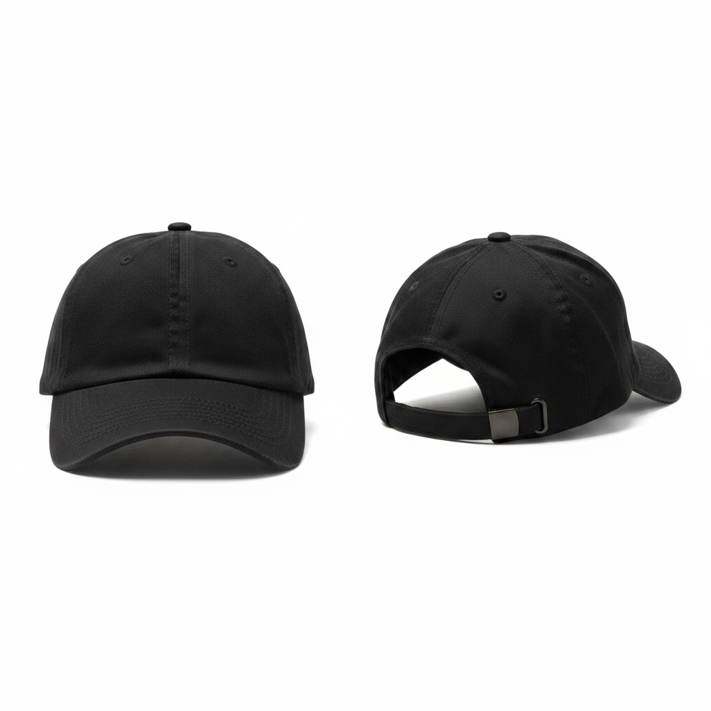 Plain black cotton baseball cap ghost mannequin front and side view