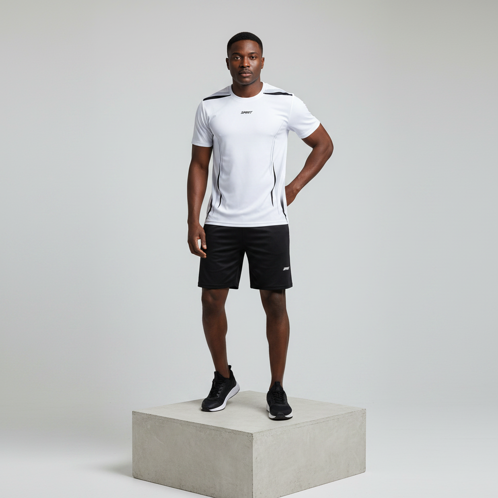 Nigerian male model wearing white and black sports jersey set