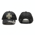 Black mesh honeycomb baseball cap with silver gothic cross embroidery ghost mannequin front and side view
