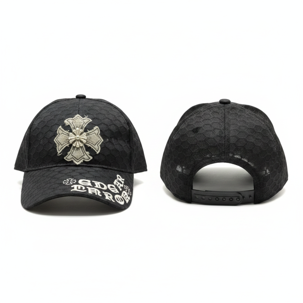 Black mesh honeycomb baseball cap with silver gothic cross embroidery ghost mannequin front and side view
