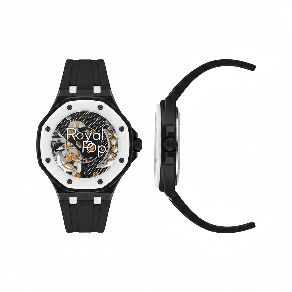 Unisex black octagonal skeleton pop watch with white bezel and exposed gold automatic movement, front and side view