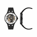 Unisex black octagonal skeleton pop watch with white bezel and exposed gold automatic movement, front and side view