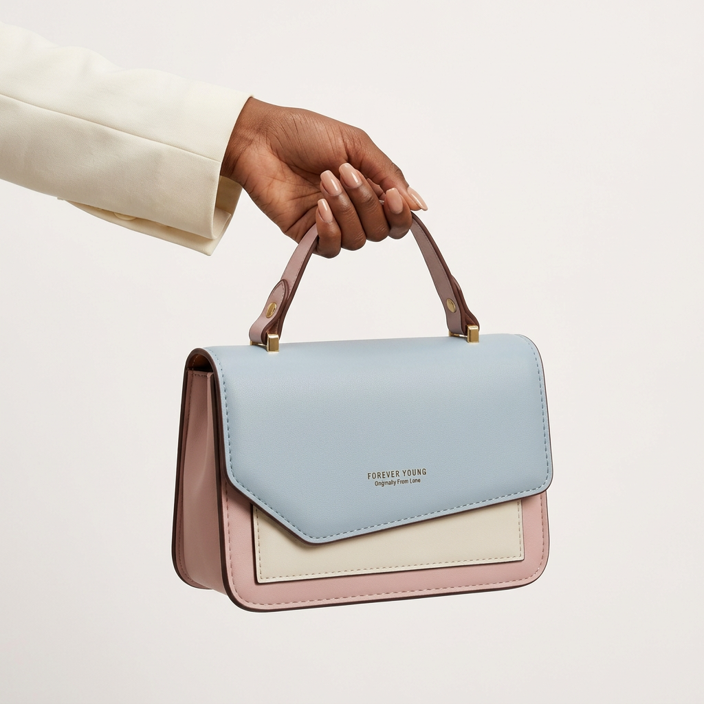 Pastel envelope handbag held by a Black woman's hand with nude manicured nails