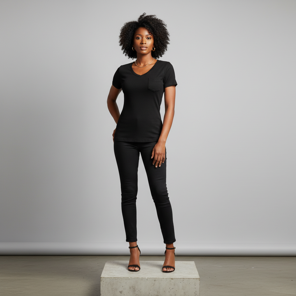 Black Ribbed V-Neck Short-Sleeved Shirt - Model Front