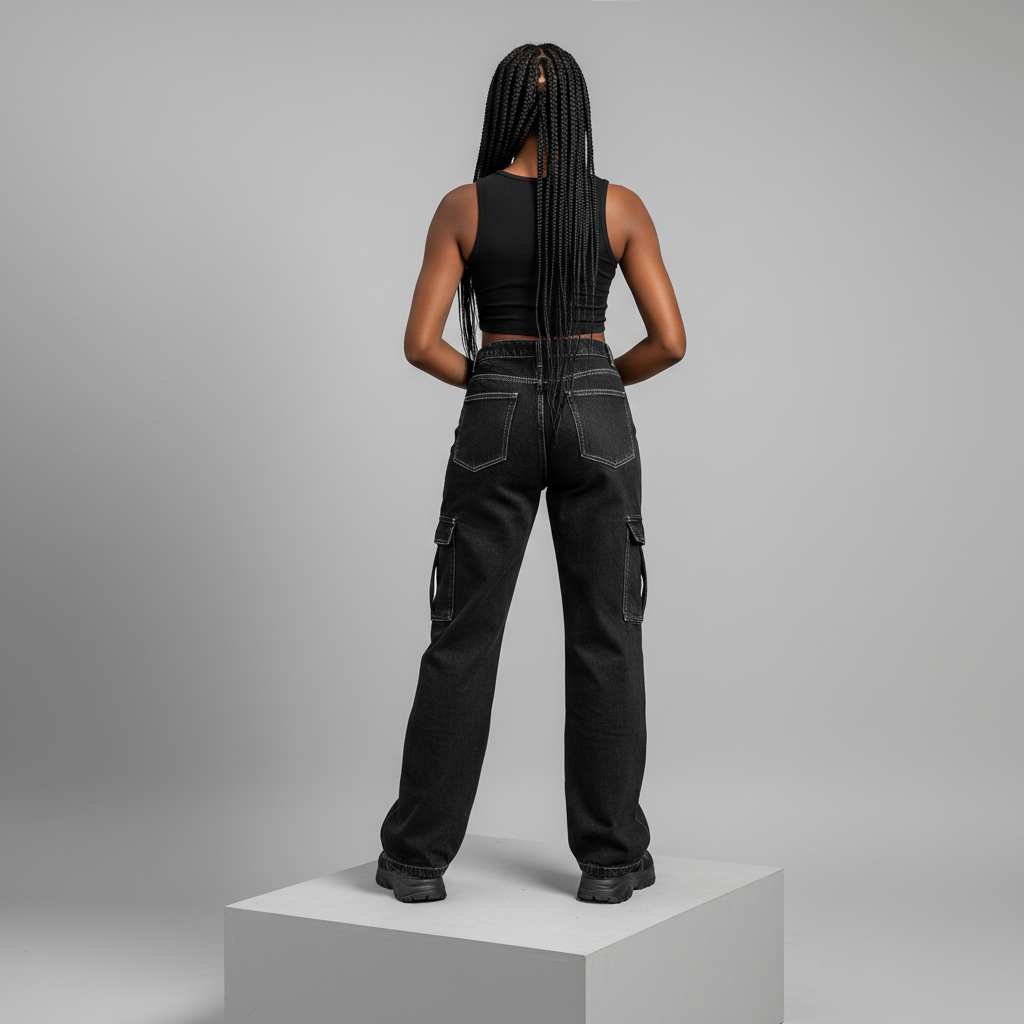 Black High-Waist Wide-Leg Cargo Denim Jeans – Back Model