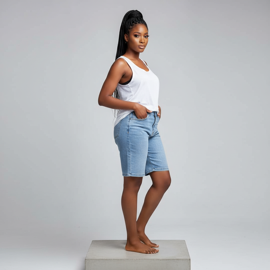 Light Blue Denim Shorts - Model Front View