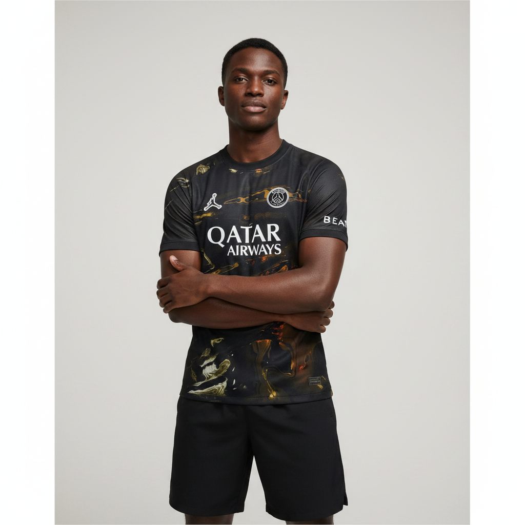 Nigerian male model wearing PSG x Jordan fourth black gold jersey