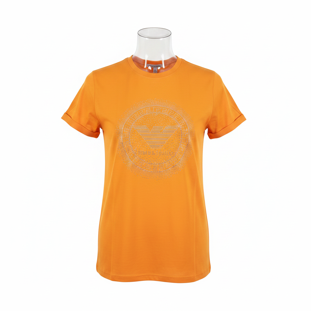 Ghost mannequin front view of yellow orange rhinestone T-shirt