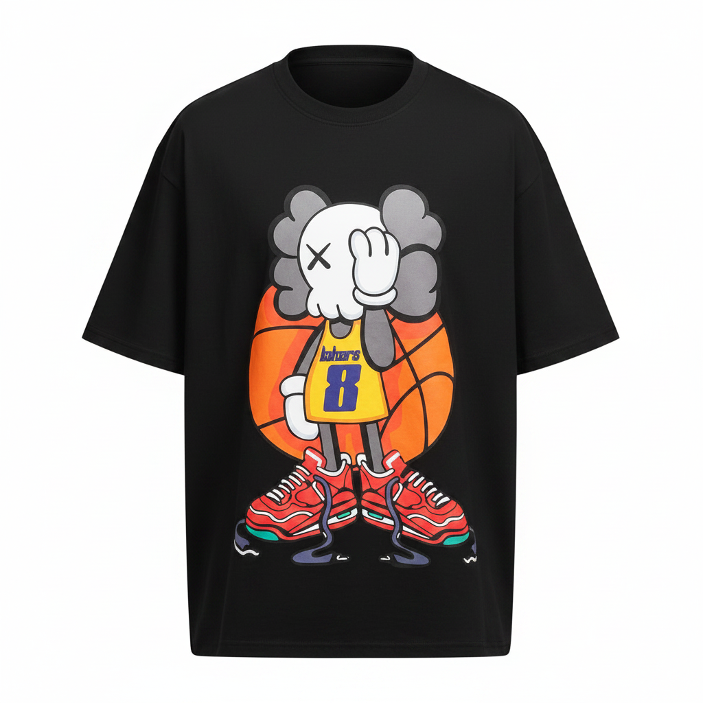Unisex black basketball bear graphic oversized tee – ghost mannequin front view