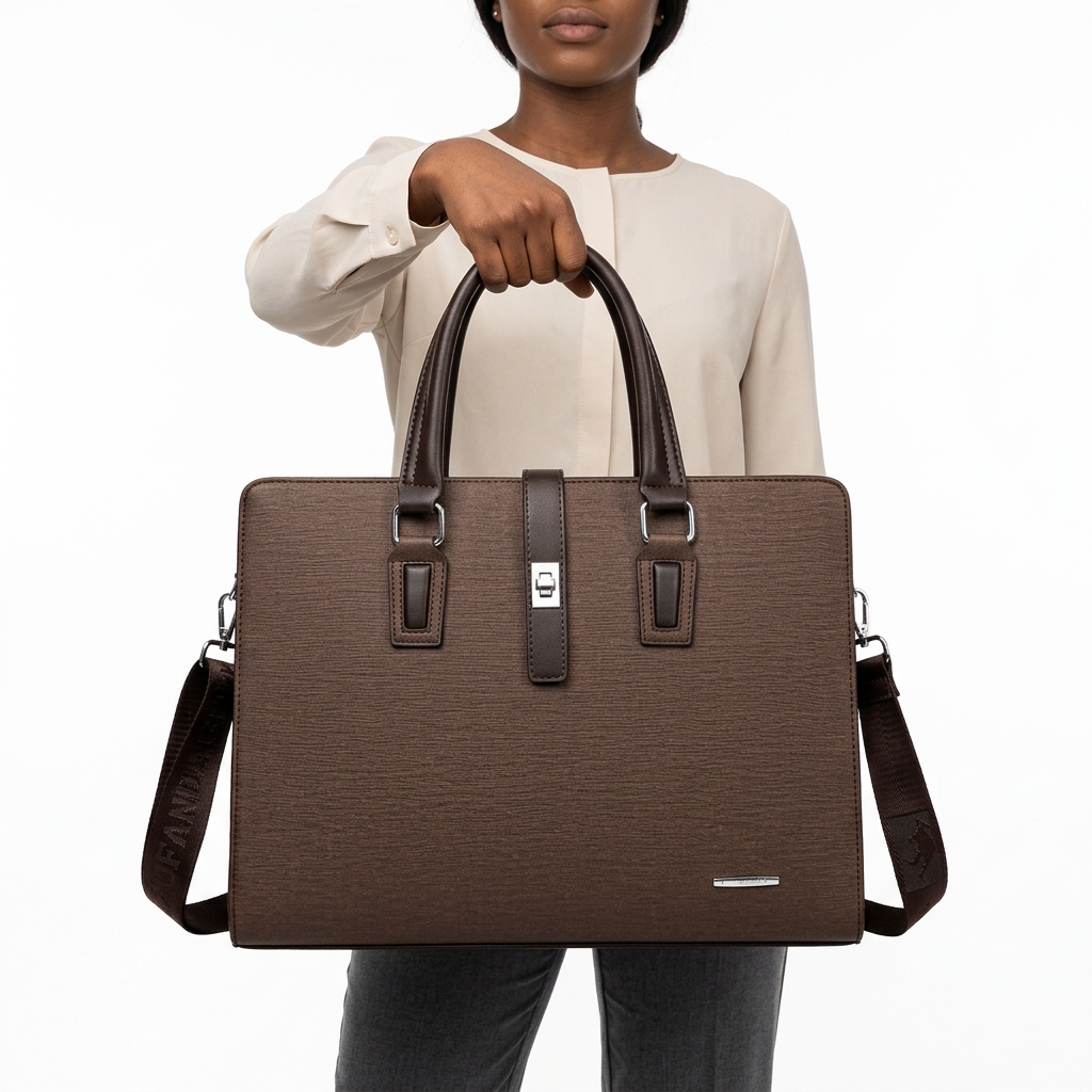 Woman holding textured brown twin-handle handbag