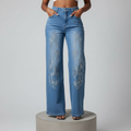 Light Blue Rhinestone Floral Wide-Leg Denim Jeans - Model Front