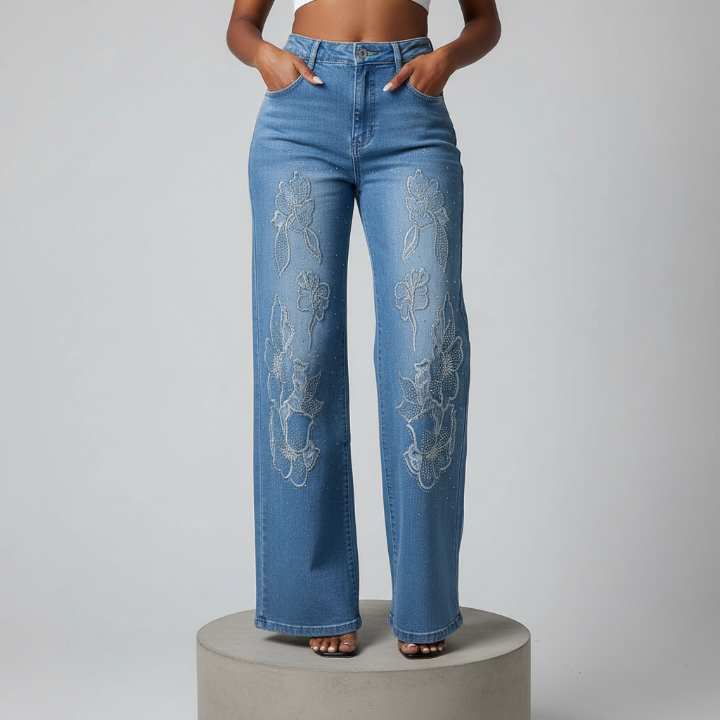 Light Blue Rhinestone Floral Wide-Leg Denim Jeans - Model Front