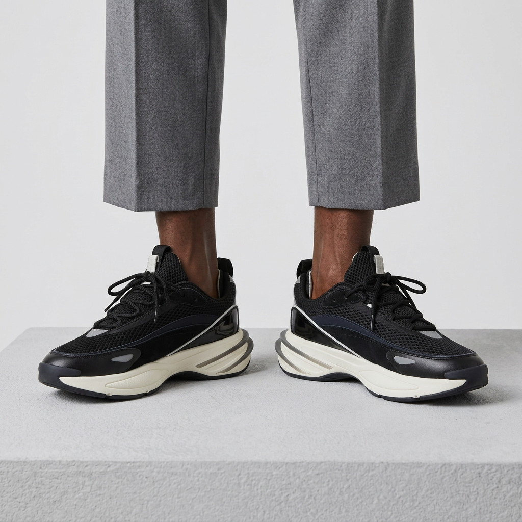 Leg-focused model wearing black mesh sneakers with cream-white chunky soles
