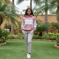 Women's dusty pink white colourblock stripe pullover hoodie - model shot