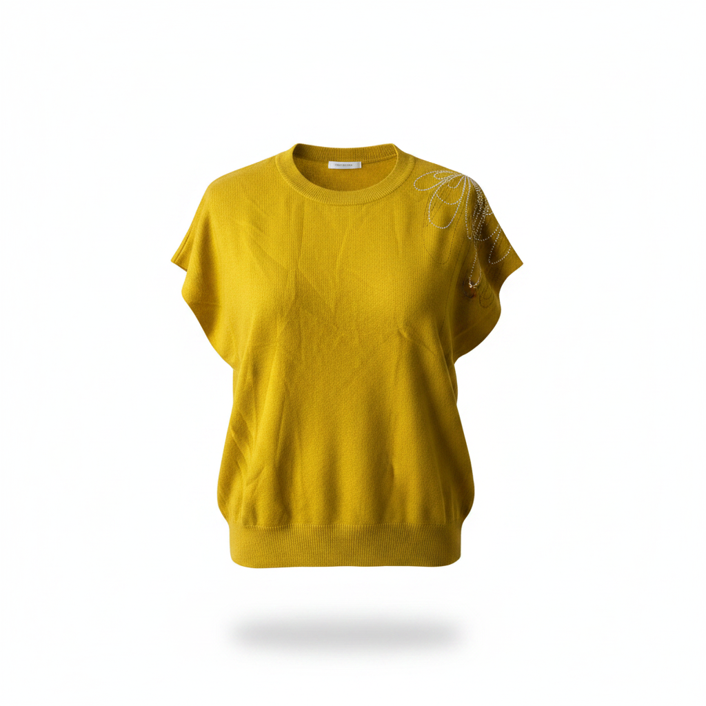 Ghost mannequin view of mustard yellow rhinestone jellyfish knit sleeveless top