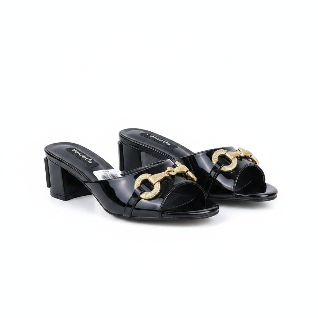 Ghost mannequin pair view of black patent leather horsebit chain block heel mules