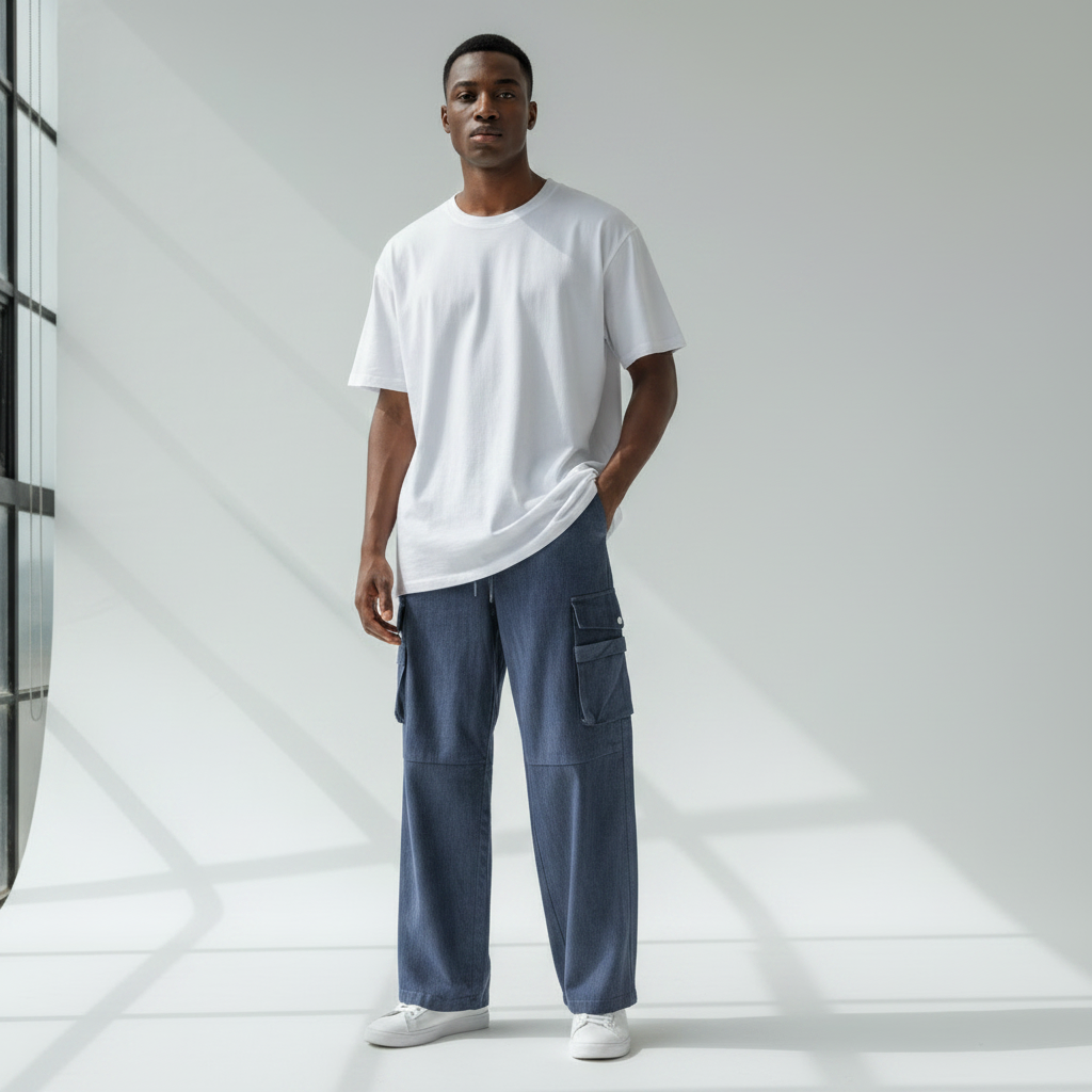 Male model wearing indigo washed cargo pants with white tee