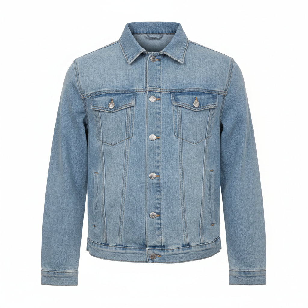 Men's Sky Blue Light Wash Denim Trucker Jacket – Ghost Mannequin View