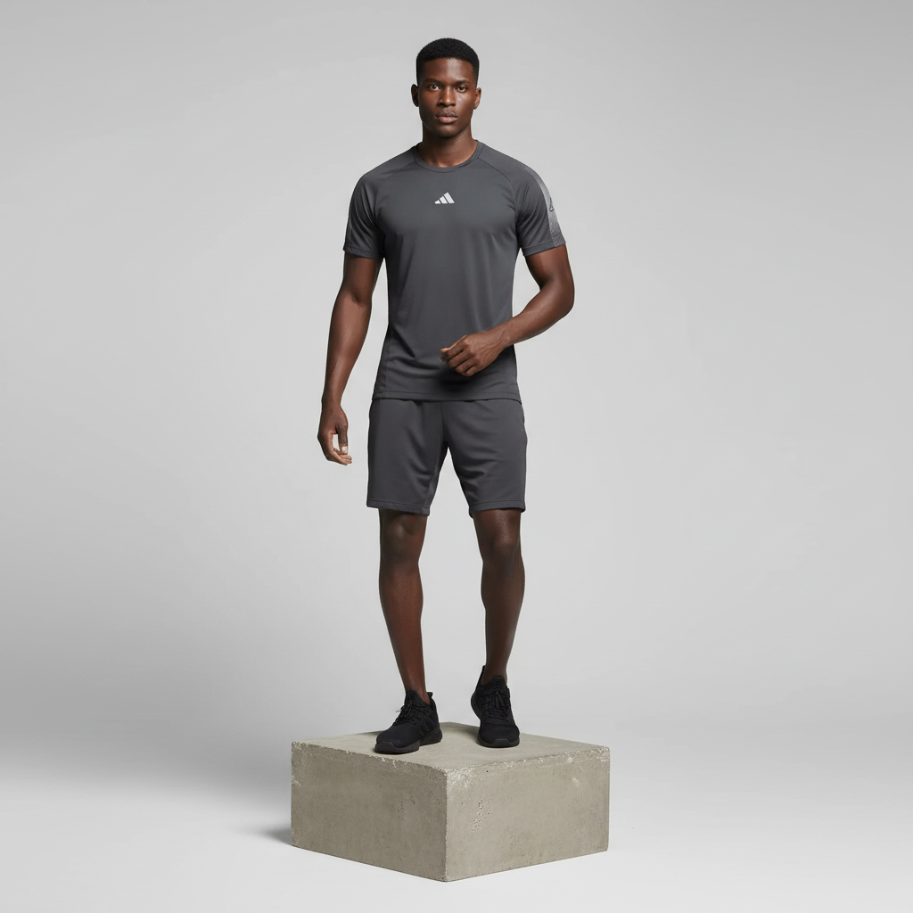 Dark Grey Stripe Sleeve Athletic T-Shirt - Model Shot