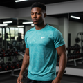 Men's Aqua Teal Camo Pattern Sports Crew-Neck Performance T-Shirt – Nigerian Male Model Gym Setting